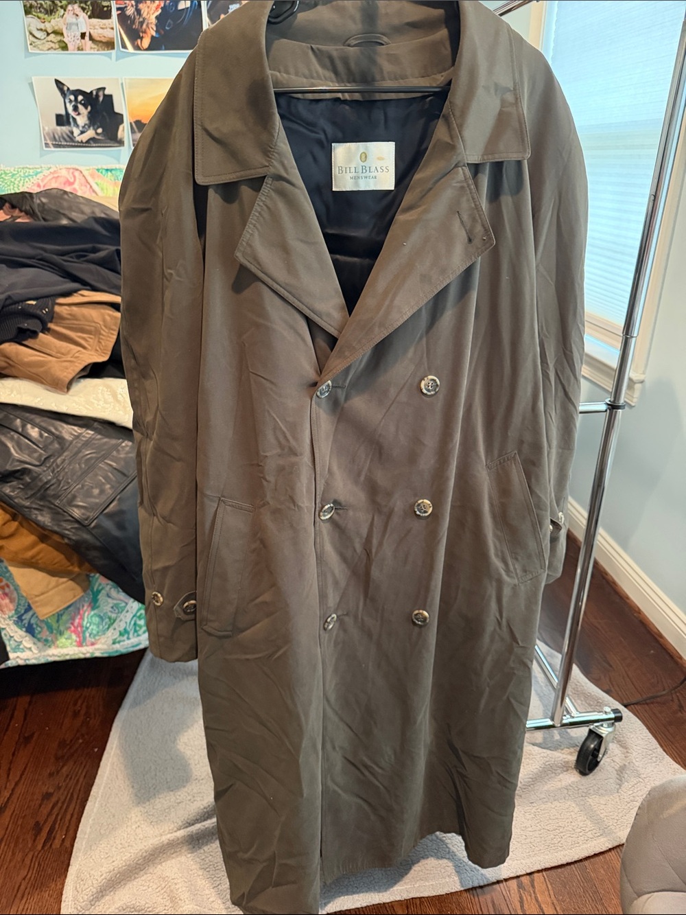 bill blass Olive Trench Coat Double-Breasted